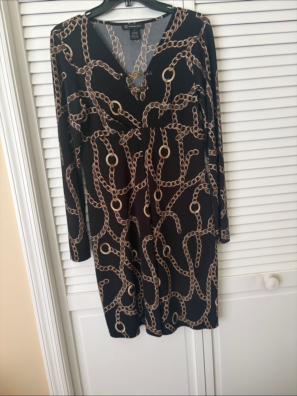 INC Black Dress with Gold Chain Print, Long Sleeve